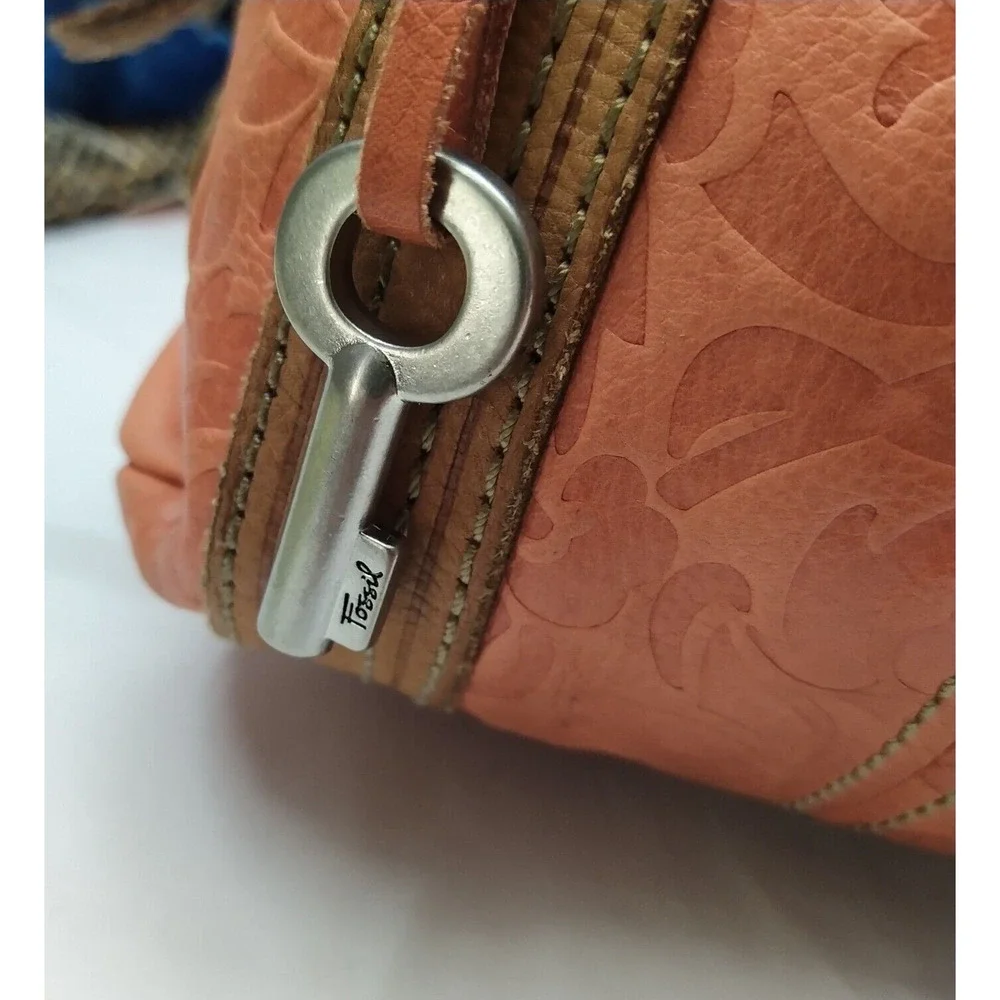 Fossil Orange Leather Floral Double Handles Zipper Closure Satchel Shoulder Bag